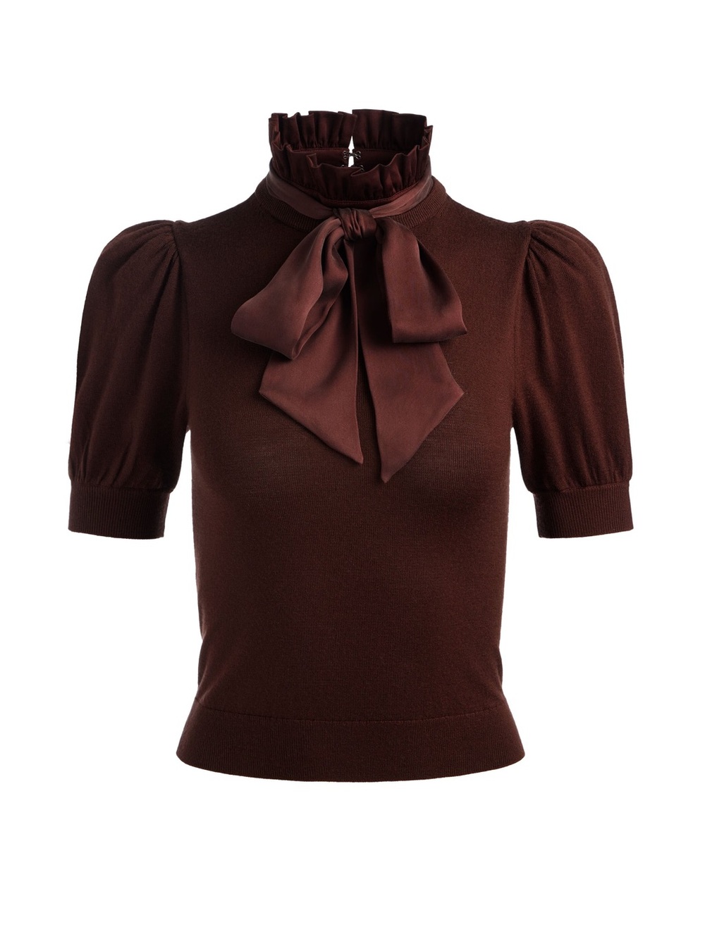 Alice + Olivia Dark Chocolate Bow-Neck Puff Sleeve Knit Top
